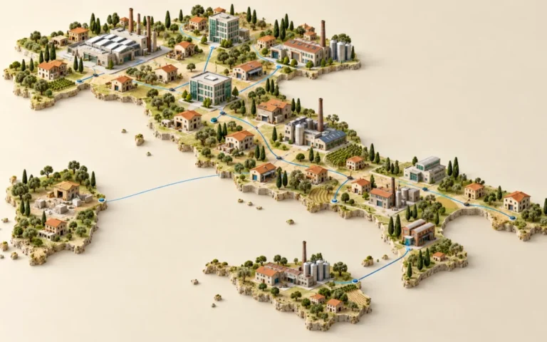 Modelli di piccole imprese e grandi stabilimenti collegati su una mappa stilizzata dell’Italia.