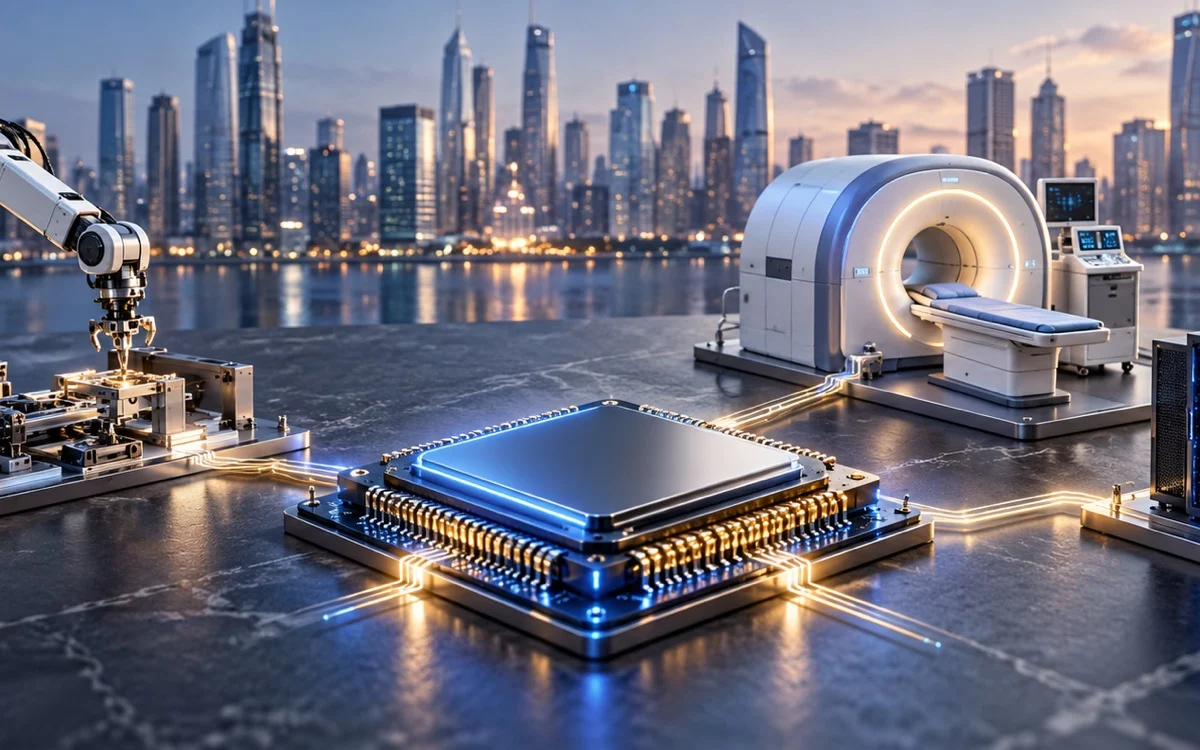 Microchip collegato a infrastrutture tecnologiche e apparecchiature mediche, simbolo della filiera AI