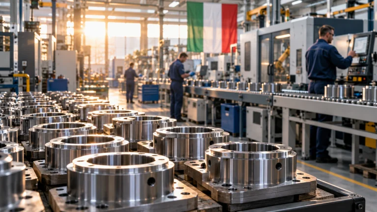 Componenti metallici e linea di lavorazione in una fabbrica italiana