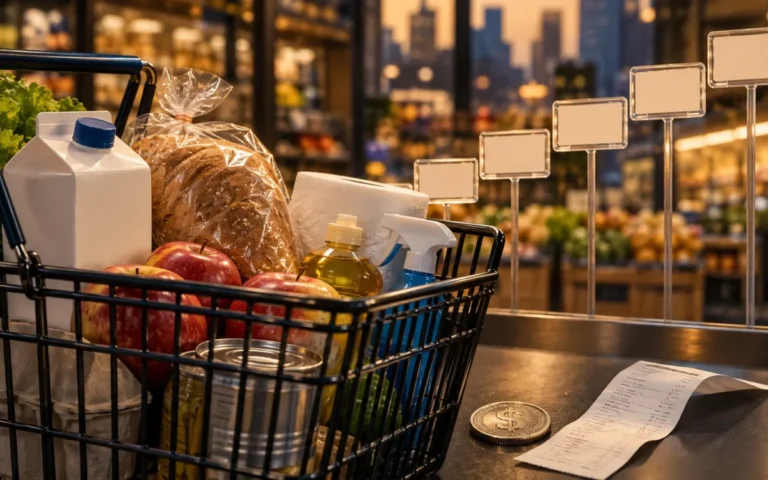 Illustrazione di un paniere di alimenti con etichette di prezzo vuote su livelli crescenti e un simbolo del dollaro.