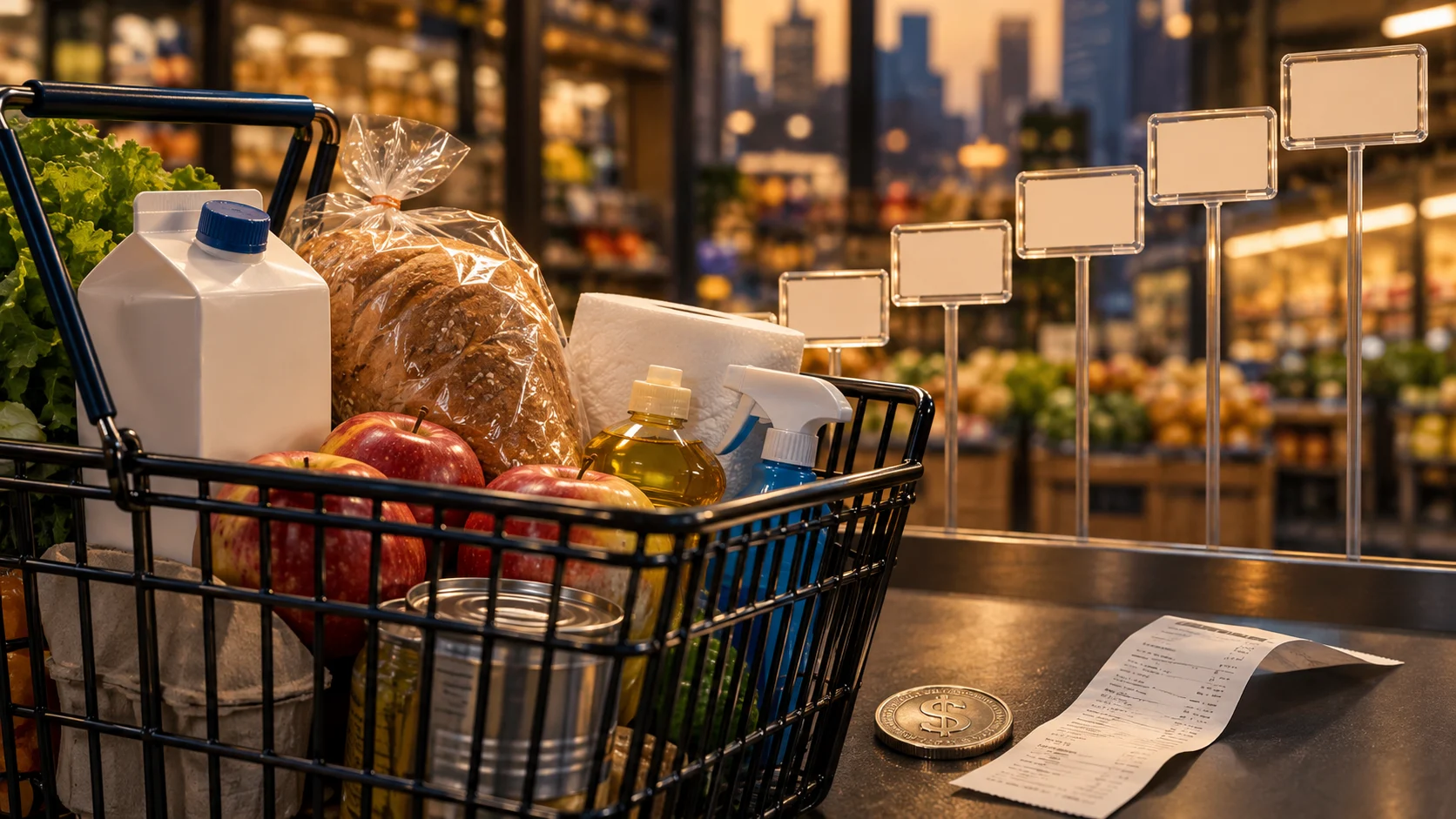 Illustrazione di un paniere di alimenti con etichette di prezzo vuote su livelli crescenti e un simbolo del dollaro.