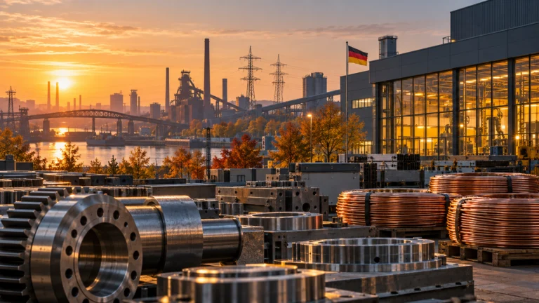Componenti metallici e rame davanti a uno stabilimento tedesco, con infrastrutture energetiche sullo sfondo.