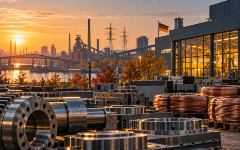 Componenti metallici e rame davanti a uno stabilimento tedesco, con infrastrutture energetiche sullo sfondo.