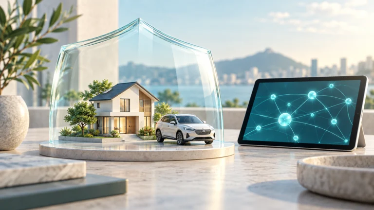 Illustrazione di uno scudo trasparente sopra una casa e un’auto accanto a un tablet con nodi digitali.