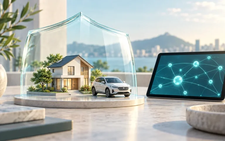 Illustrazione di uno scudo trasparente sopra una casa e un’auto accanto a un tablet con nodi digitali.
