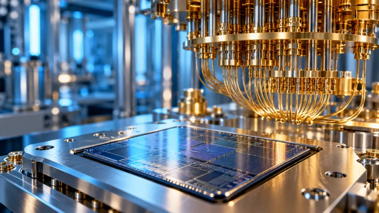 Illustrazione di un chip di silicio e cablaggi criogenici in un laboratorio quantistico
