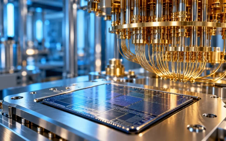 Illustrazione di un chip di silicio e cablaggi criogenici in un laboratorio quantistico
