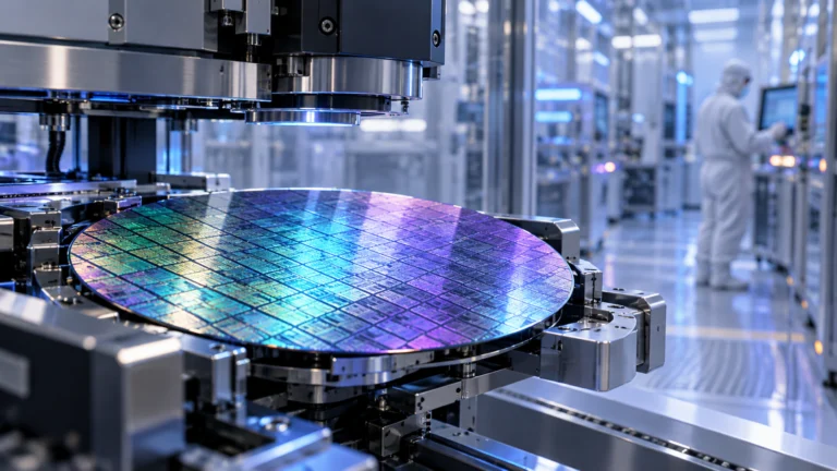 Wafer di silicio in un macchinario automatizzato di una camera bianca per semiconduttori