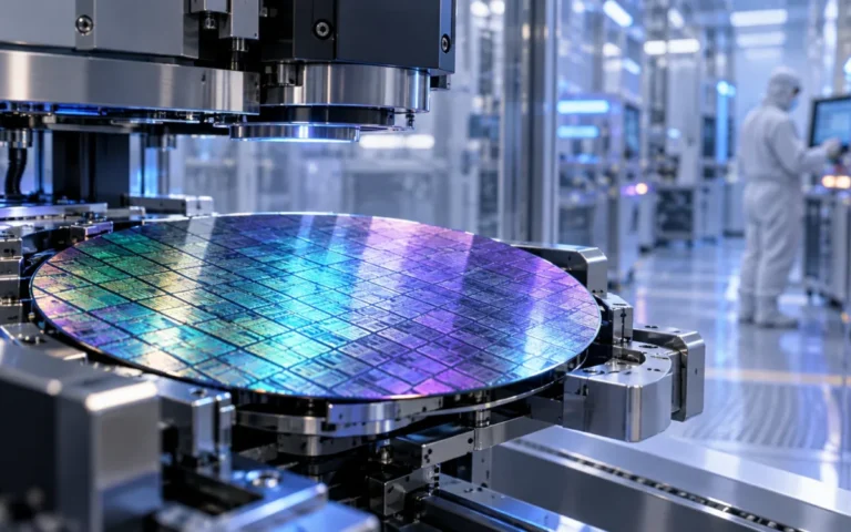 Wafer di silicio in un macchinario automatizzato di una camera bianca per semiconduttori