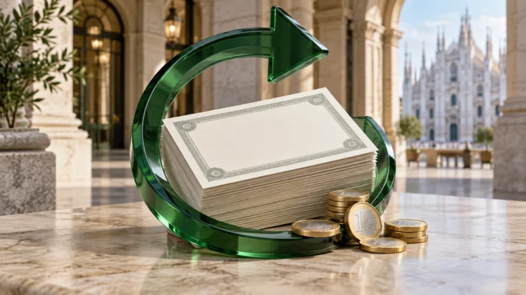Illustrazione del riacquisto di azioni: freccia circolare verde, certificati e monete in euro