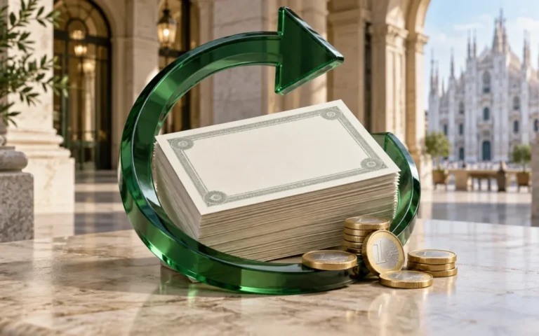 Illustrazione del riacquisto di azioni: freccia circolare verde, certificati e monete in euro
