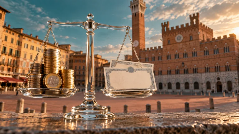 Illustrazione generata con IA: bilancia con monete euro e certificati azionari, sullo sfondo Siena.