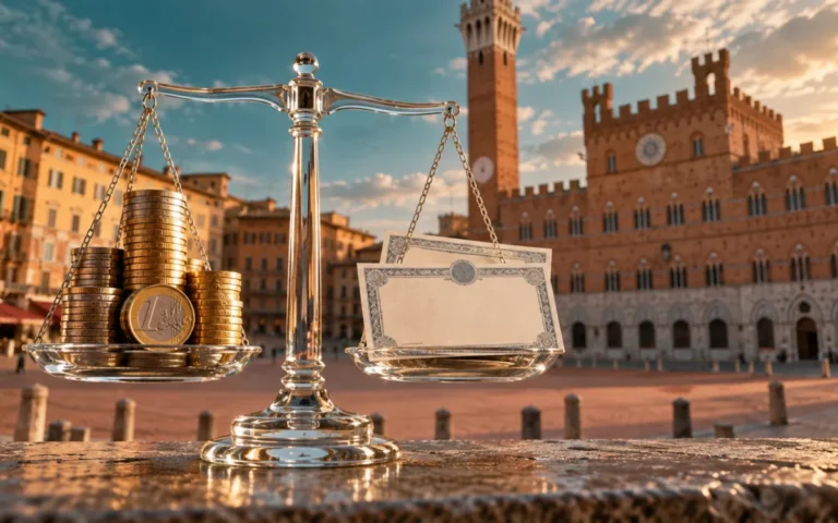 Illustrazione generata con IA: bilancia con monete euro e certificati azionari, sullo sfondo Siena.