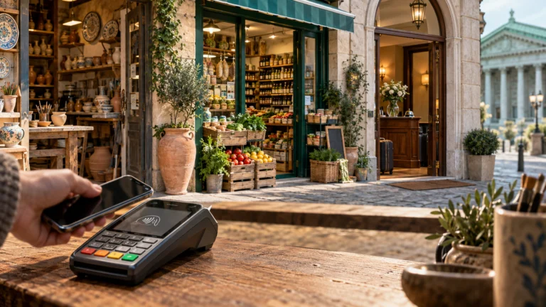 Pagamento contactless davanti a un negozio, un laboratorio artigiano e un piccolo albergo italiani