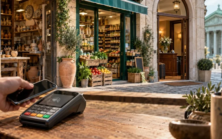 Pagamento contactless davanti a un negozio, un laboratorio artigiano e un piccolo albergo italiani
