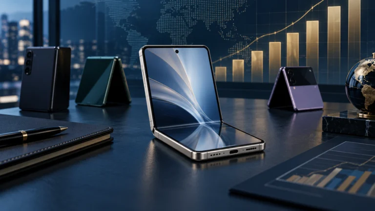 Illustrazione di smartphone pieghevoli su una scrivania finanziaria con grafici, per il confronto economico tra iPhone Duo e concorrenti