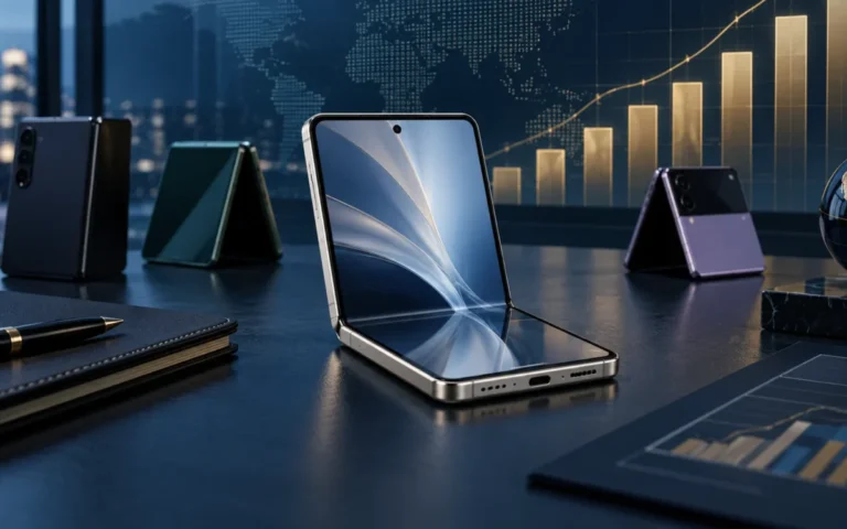 Illustrazione di smartphone pieghevoli su una scrivania finanziaria con grafici, per il confronto economico tra iPhone Duo e concorrenti