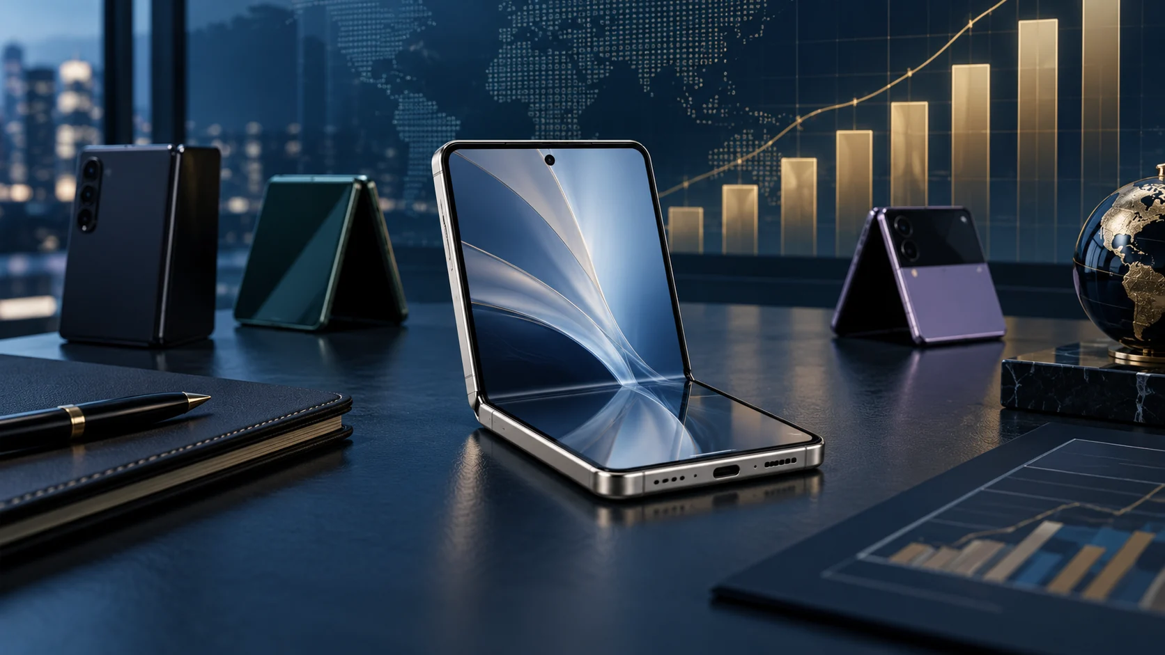 Illustrazione di smartphone pieghevoli su una scrivania finanziaria con grafici, per il confronto economico tra iPhone Duo e concorrenti