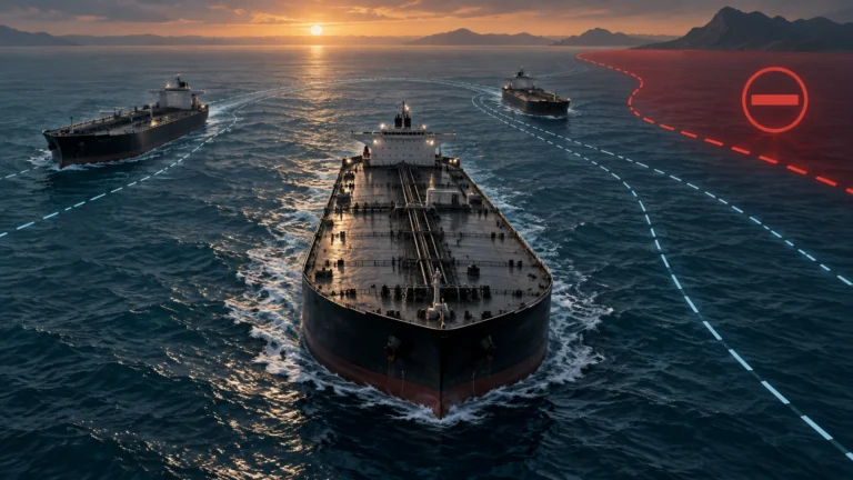 Illustrazione originale di petroliere e rotte marittime soggette a restrizioni economiche