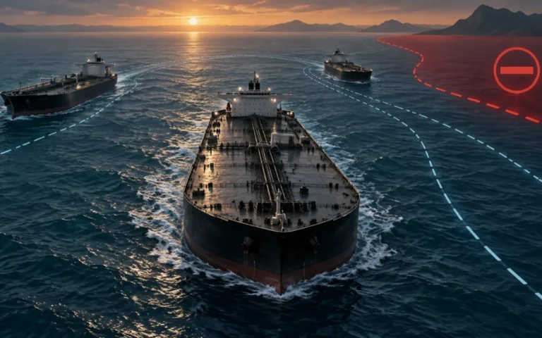Illustrazione originale di petroliere e rotte marittime soggette a restrizioni economiche