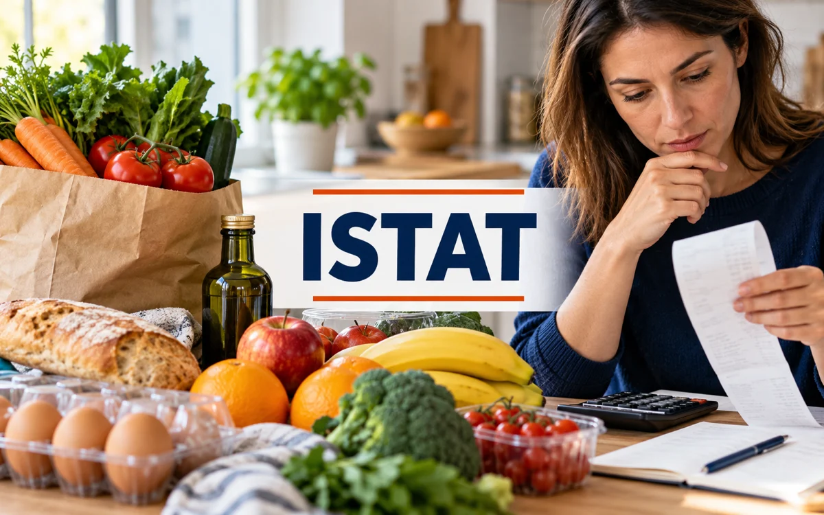 Donna che controlla lo scontrino della spesa accanto a prodotti alimentari, con la scritta ISTAT