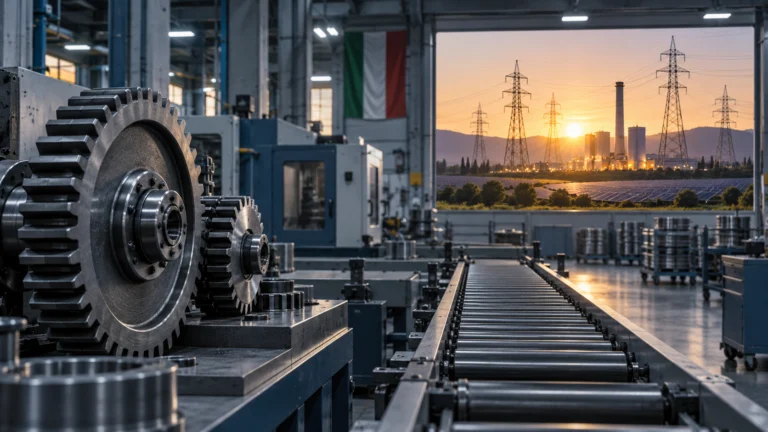 Illustrazione di ingranaggi e linea industriale con infrastruttura elettrica sullo sfondo