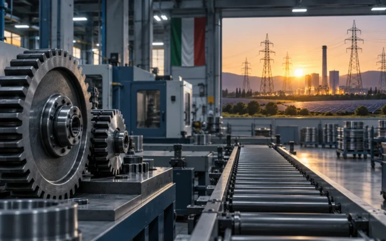 Illustrazione di ingranaggi e linea industriale con infrastruttura elettrica sullo sfondo