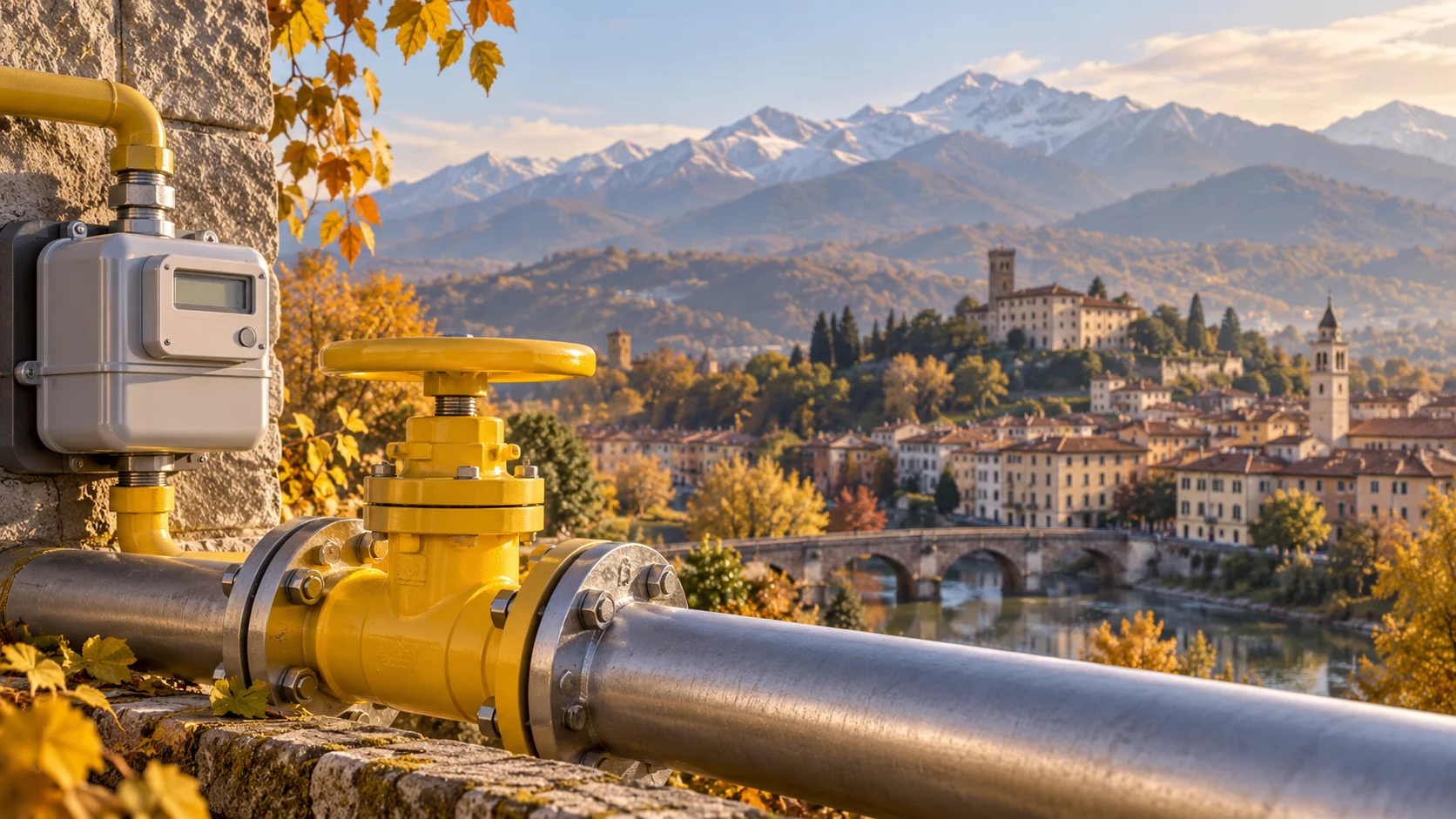 Illustrazione della distribuzione del gas nel Canavese: valvola, condotta e contatore elettronico