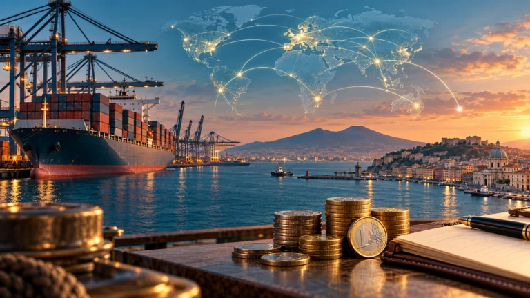 Illustrazione di un porto italiano con nave portacontainer, monete in euro e collegamenti finanziari internazionali