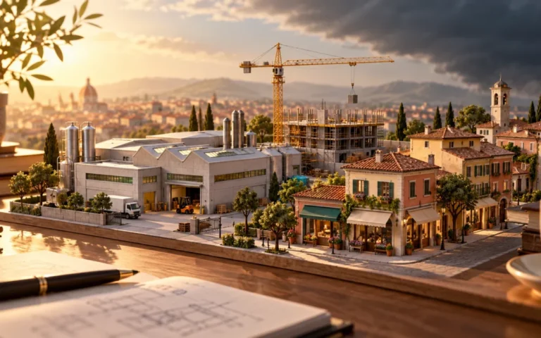 Illustrazione di fabbrica, cantiere e negozi italiani tra luce e ombra
