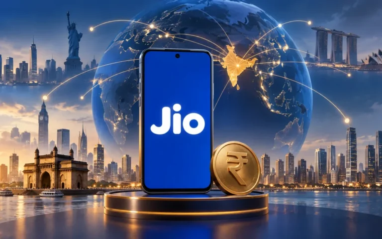 Illustrazione di Jio su uno smartphone, con globo, connessioni internazionali e simbolo della rupia
