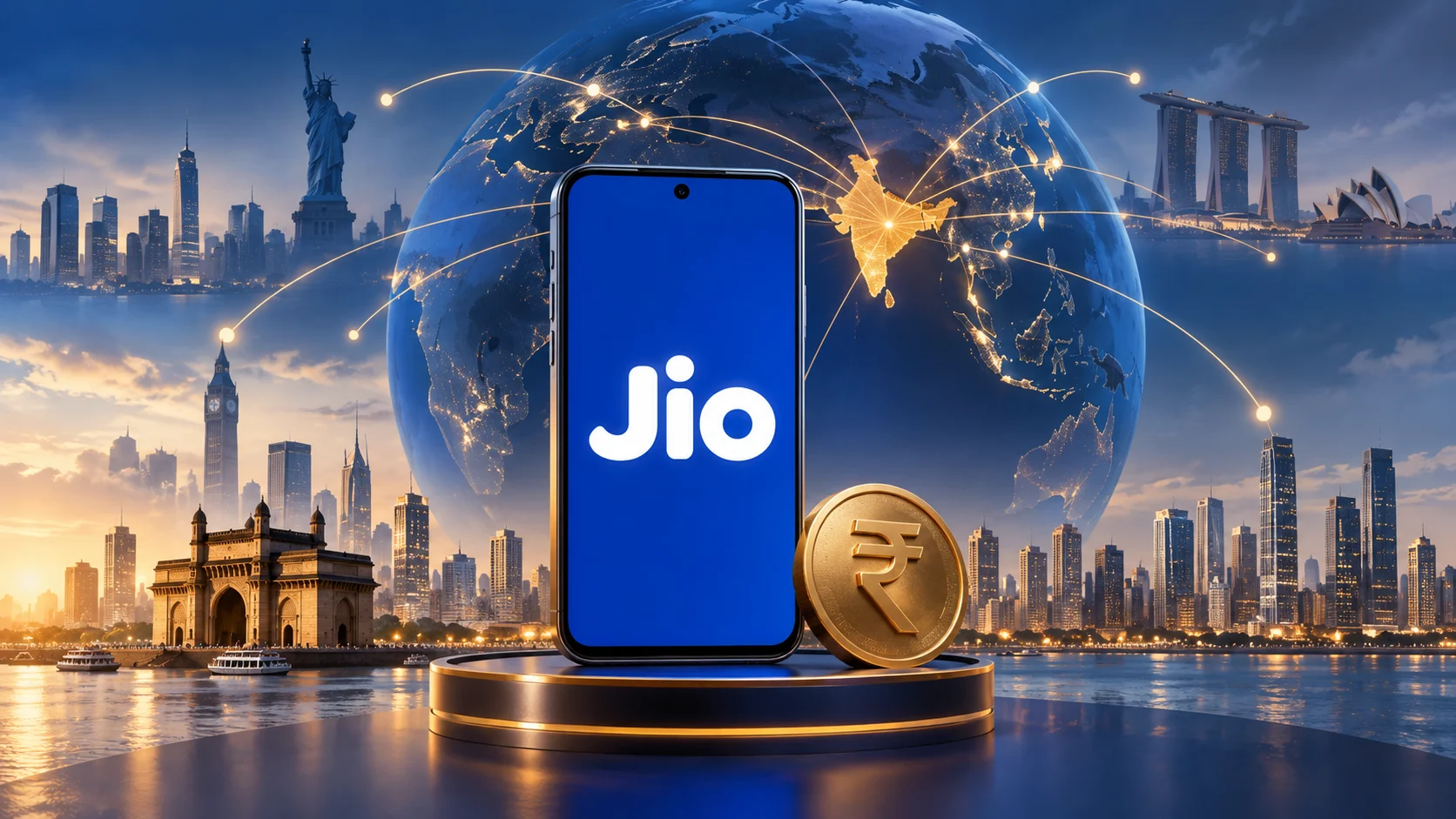 Illustrazione di Jio su uno smartphone, con globo, connessioni internazionali e simbolo della rupia