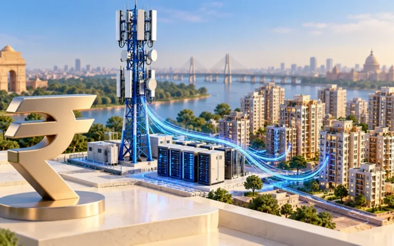 Illustrazione di un’antenna telecom, server e palazzi collegati da fibre luminose, con simbolo della rupia