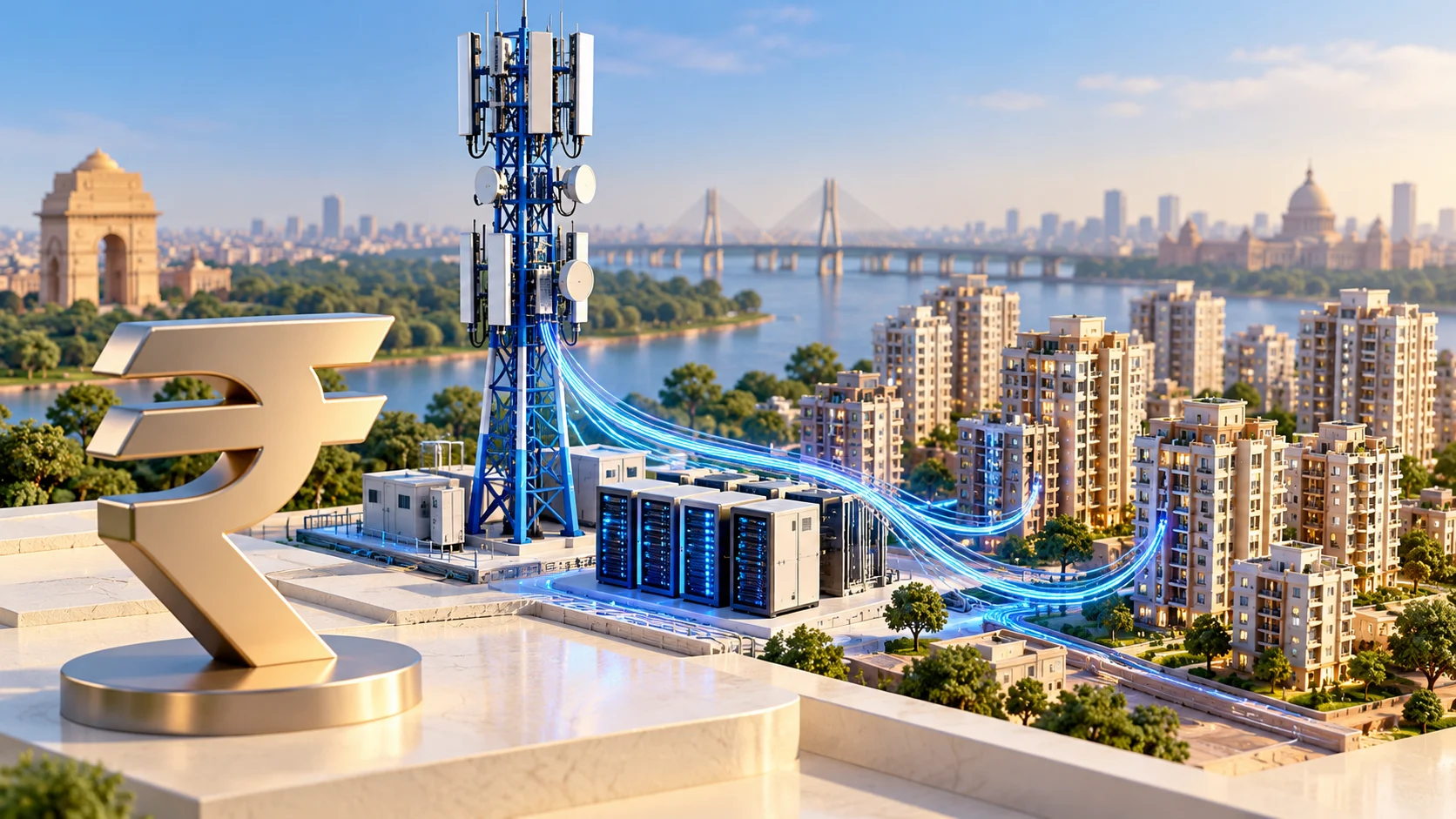 Illustrazione di un’antenna telecom, server e palazzi collegati da fibre luminose, con simbolo della rupia