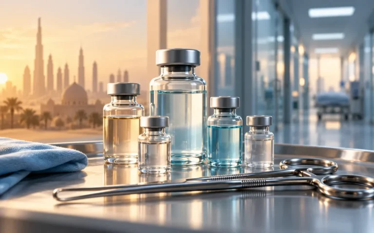 Illustrazione di flaconi e strumenti chirurgici, con un ospedale e uno skyline mediorientale sullo sfondo.