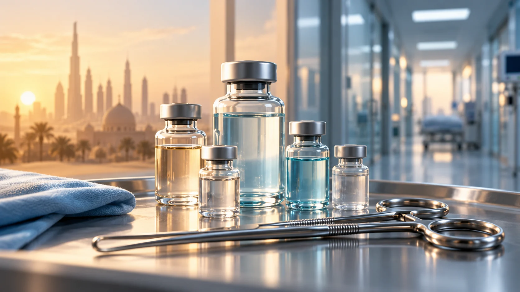 Illustrazione di flaconi e strumenti chirurgici, con un ospedale e uno skyline mediorientale sullo sfondo.