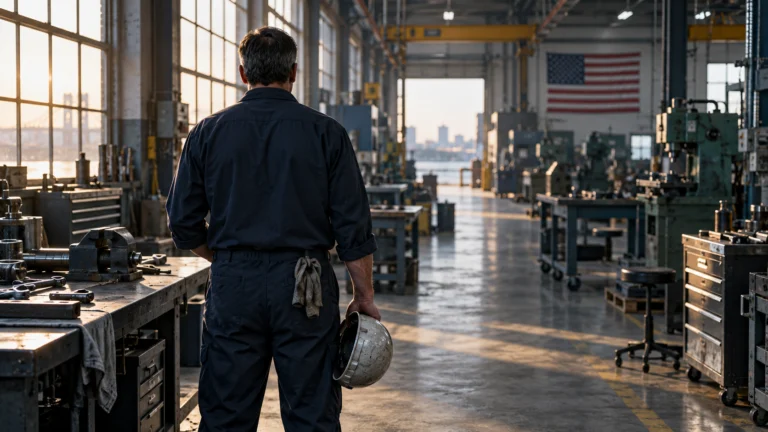 Illustrazione generata con IA: un lavoratore con casco in mano in un’officina industriale statunitense.