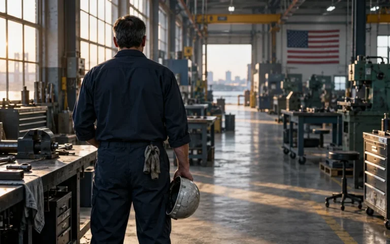 Illustrazione generata con IA: un lavoratore con casco in mano in un’officina industriale statunitense.