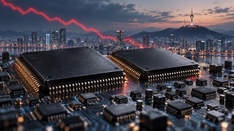 Illustrazione di due grandi chip sopra un circuito elettronico con lo skyline di Seul sullo sfondo.