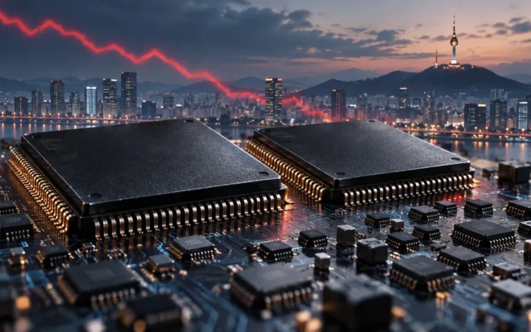 Illustrazione di due grandi chip sopra un circuito elettronico con lo skyline di Seul sullo sfondo.