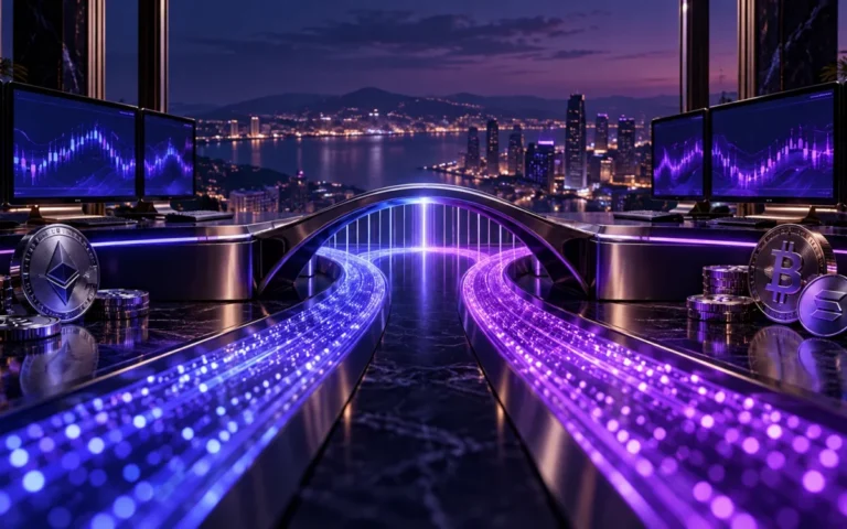 Rappresentazione di una piattaforma di scambio crypto con percorsi luminosi che convergono attraverso un ponte digitale.