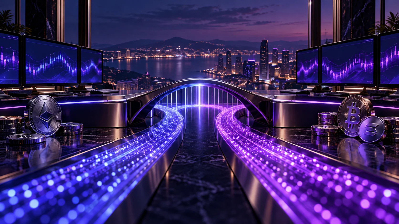 Rappresentazione di una piattaforma di scambio crypto con percorsi luminosi che convergono attraverso un ponte digitale.