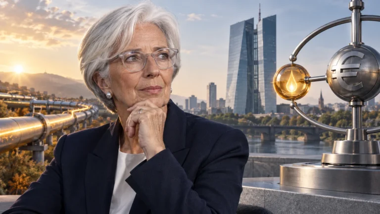 Illustrazione generata con IA di Christine Lagarde con la sede BCE e richiami simbolici ai prezzi energetici.