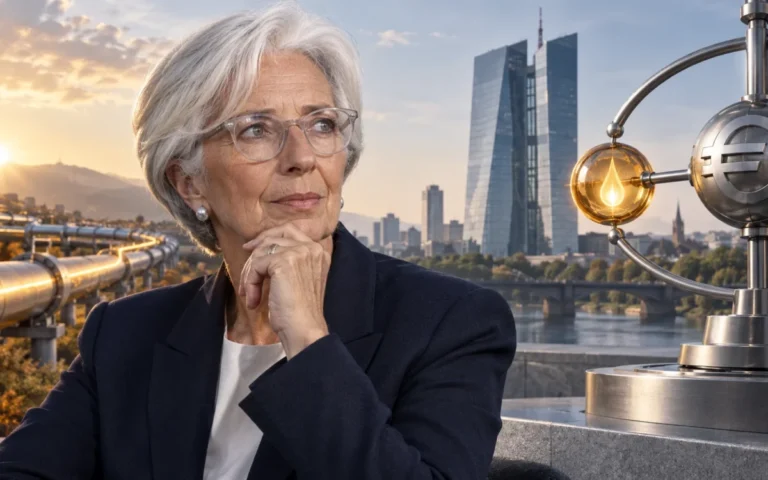 Illustrazione generata con IA di Christine Lagarde con la sede BCE e richiami simbolici ai prezzi energetici.