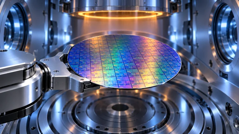 Illustrazione di un wafer di silicio sostenuto da un braccio robotico in una camera per la produzione di semiconduttori