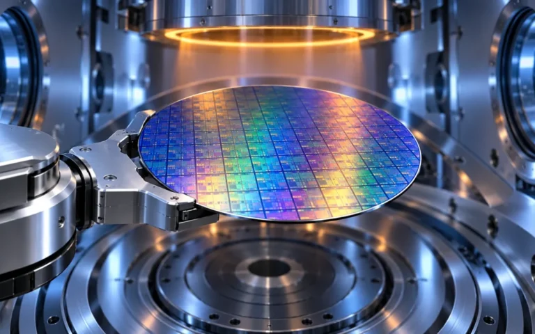 Illustrazione di un wafer di silicio sostenuto da un braccio robotico in una camera per la produzione di semiconduttori