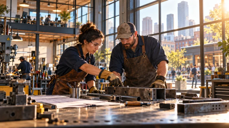 Due lavoratori in un’officina americana, rappresentazione dell’occupazione nelle imprese private