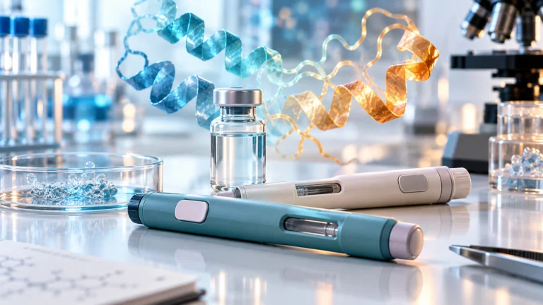 Illustrazione generata con IA: penne per iniezioni e un flacone in un laboratorio dedicato alla ricerca sui farmaci metabolici.