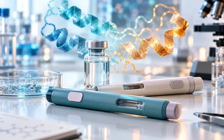 Illustrazione generata con IA: penne per iniezioni e un flacone in un laboratorio dedicato alla ricerca sui farmaci metabolici.