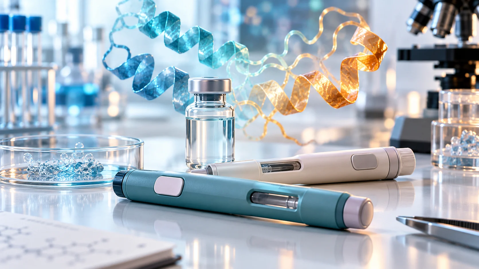 Illustrazione generata con IA: penne per iniezioni e un flacone in un laboratorio dedicato alla ricerca sui farmaci metabolici.